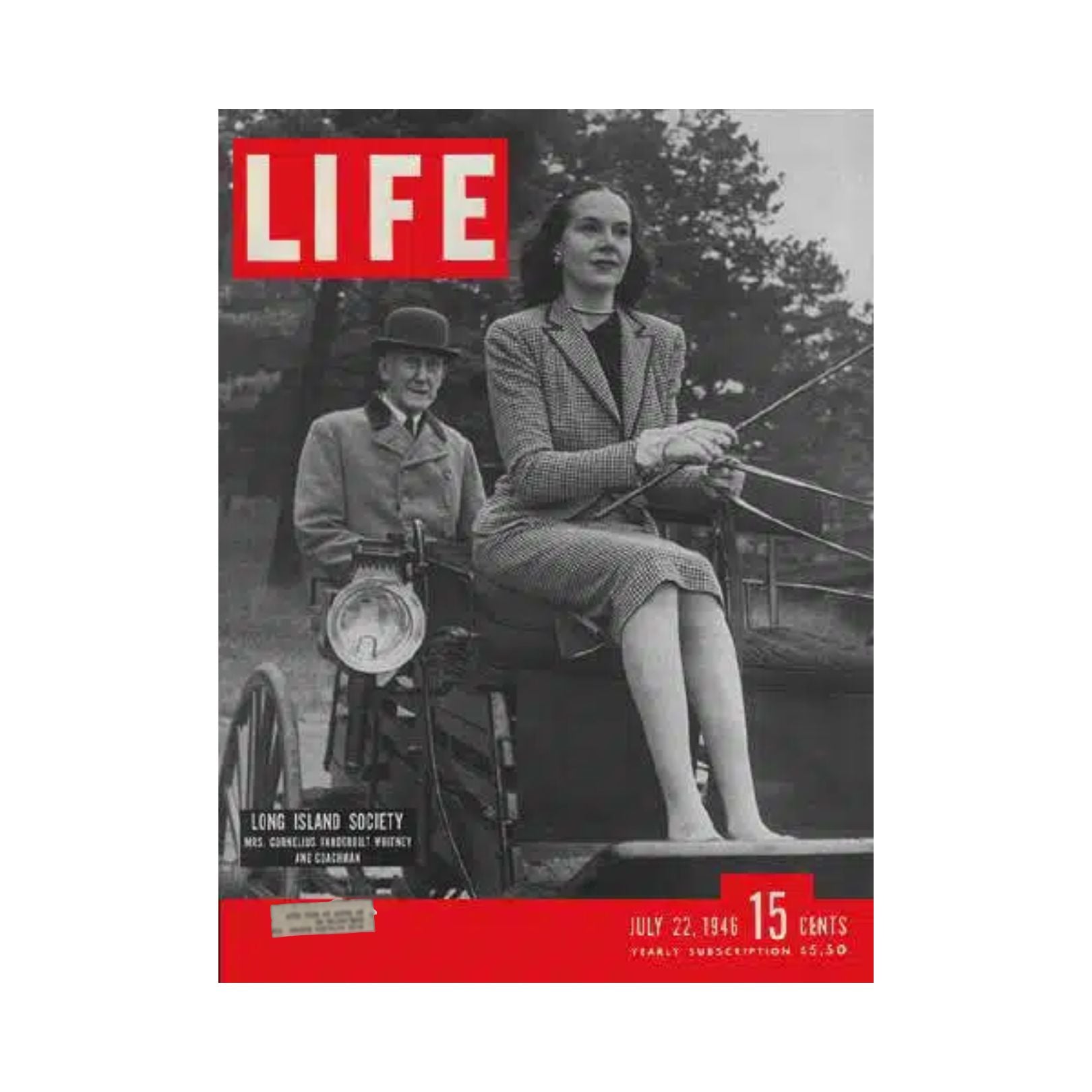 VTG Life Magazine July 22, 1946 Long Island Society cover featuring a woman in a stylish outfit riding in a vintage vehicle, showcasing a glimpse into post-war American culture.