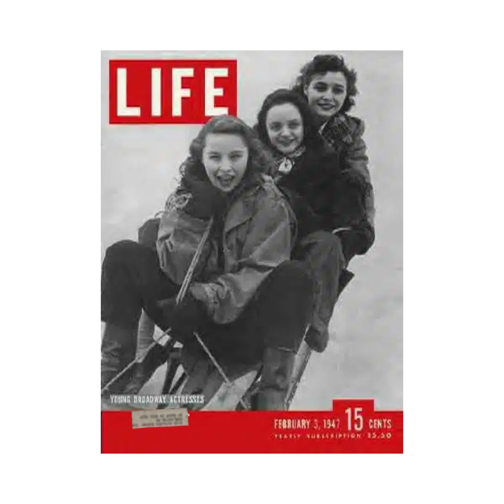 VTG Life Magazine Cover from February 3, 1947 featuring Young Broadway Actresses, showcasing three actresses enjoying winter activities, encapsulating the charm of post-war entertainment.