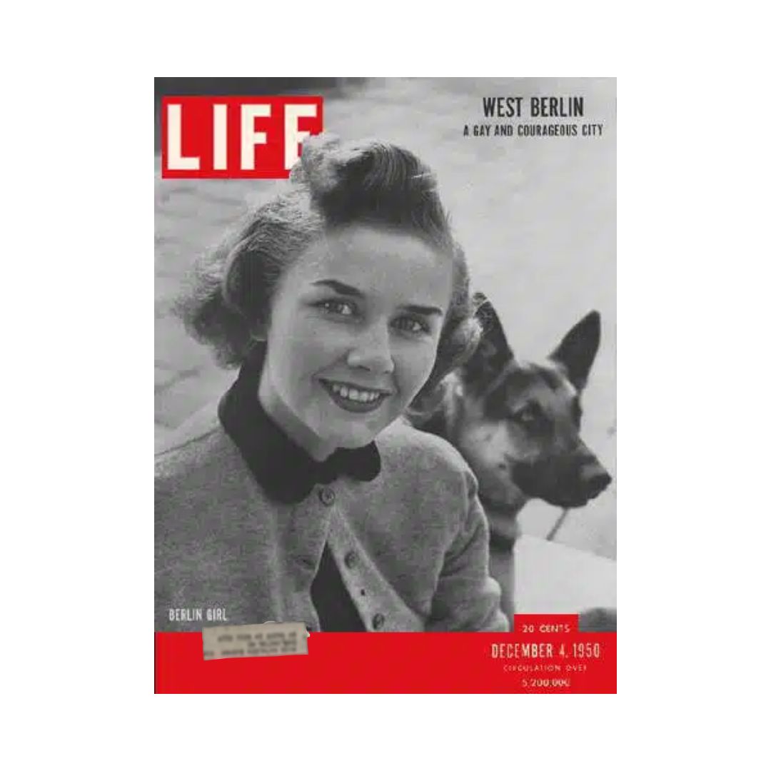 Vintage Life Magazine cover from December 4, 1950 featuring a Berlin girl with a dog, depicting West Berlin culture post-war.