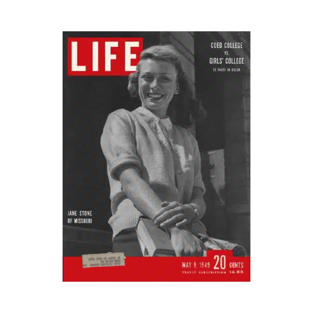 Cover of VTG Life Magazine from May 9, 1949, featuring Missouri Coed Jane Stone, highlighting cultural themes and significant events from the era.