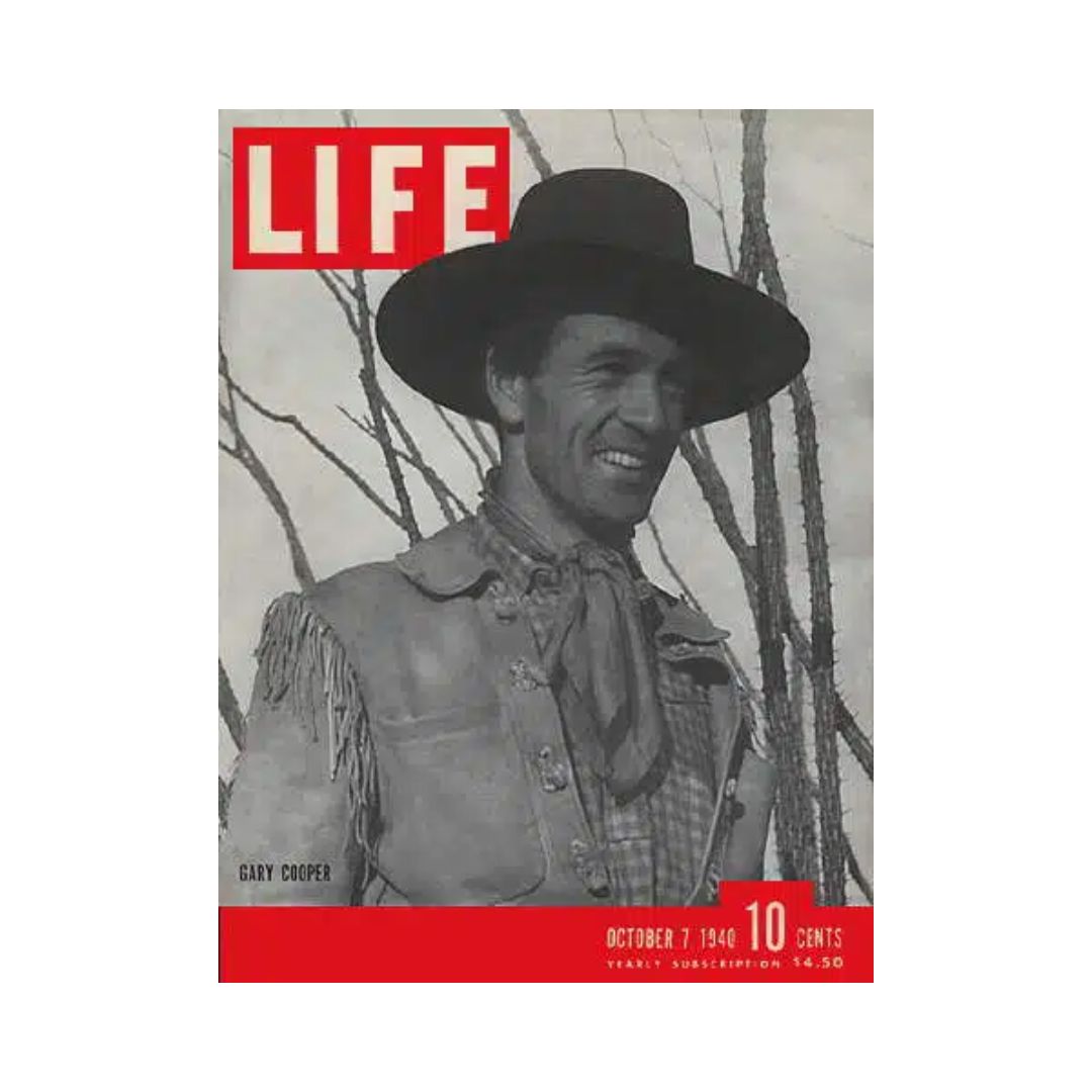 Cover of Life Magazine, October 7, 1940 featuring Hollywood actor Gary Cooper from his role in 'The Westerner'.