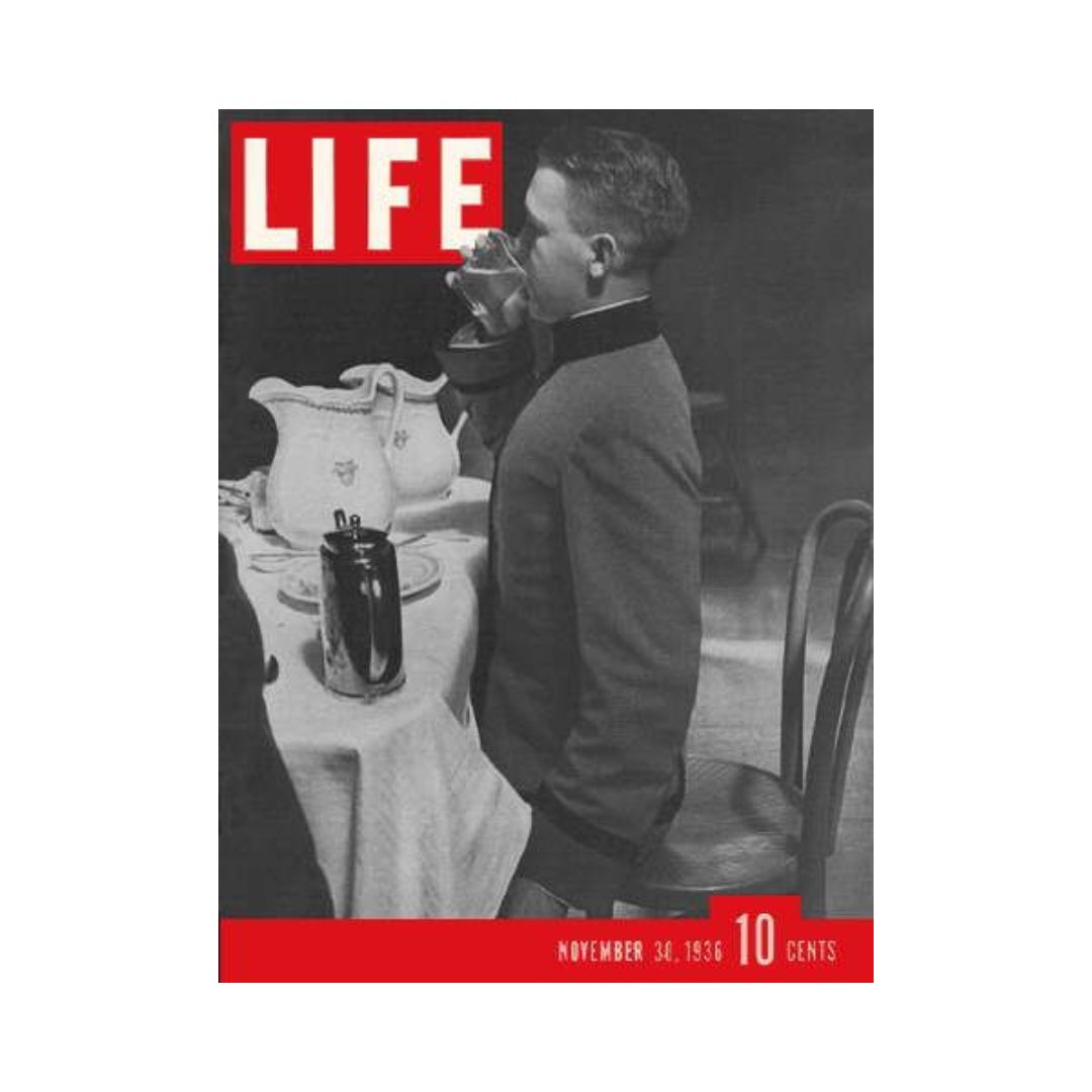 Cover of Life Magazine dated November 30, 1936, featuring a West Point Military Academy cadet at a dining table, showcasing historical significance.