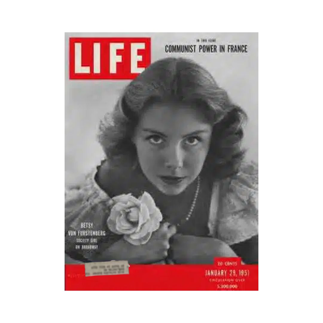 Cover of VTG Life Magazine January 29, 1951 featuring Betsy von Furstenburg on Broadway, showcasing classic black-and-white photography and vibrant red accents.