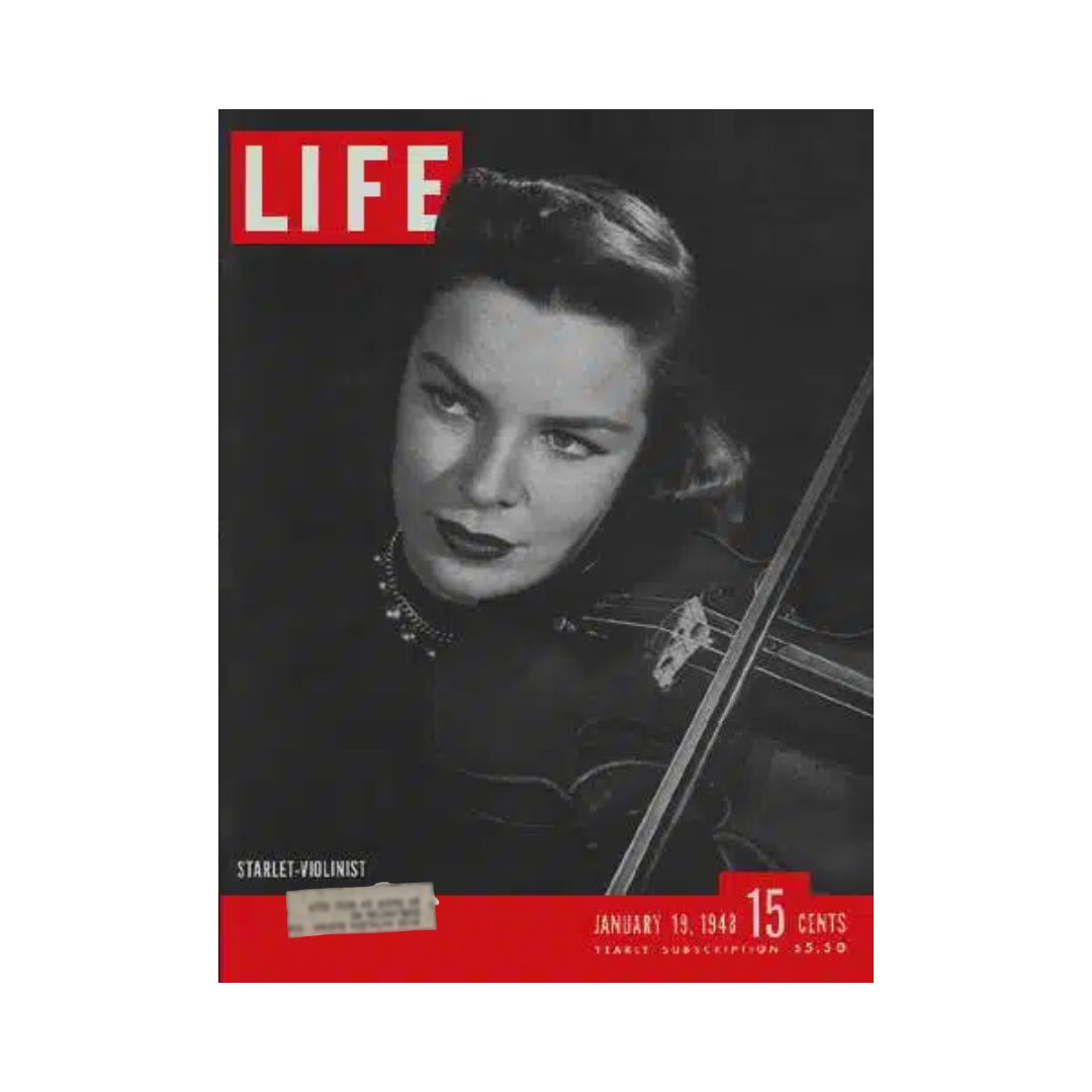Cover of Life Magazine from January 19, 1948 featuring starlet violinist Marcia Van Dyke, showcasing vintage style and nostalgia.