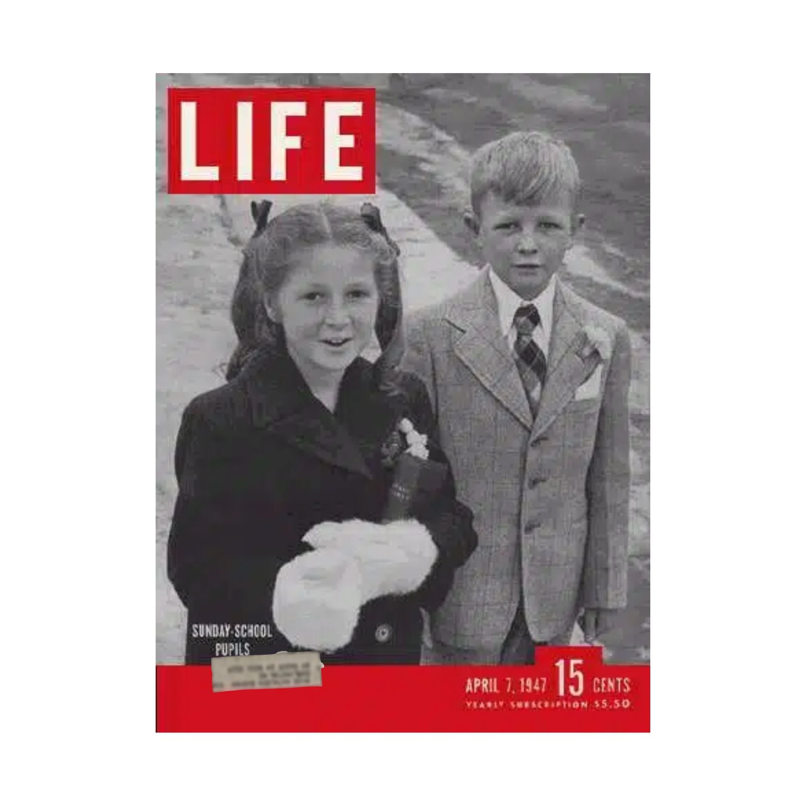 Vintage Life Magazine Cover from April 7, 1947 featuring Sunday School Pupils, showcasing a black and white photograph of two children dressed nicely against a classic magazine layout.