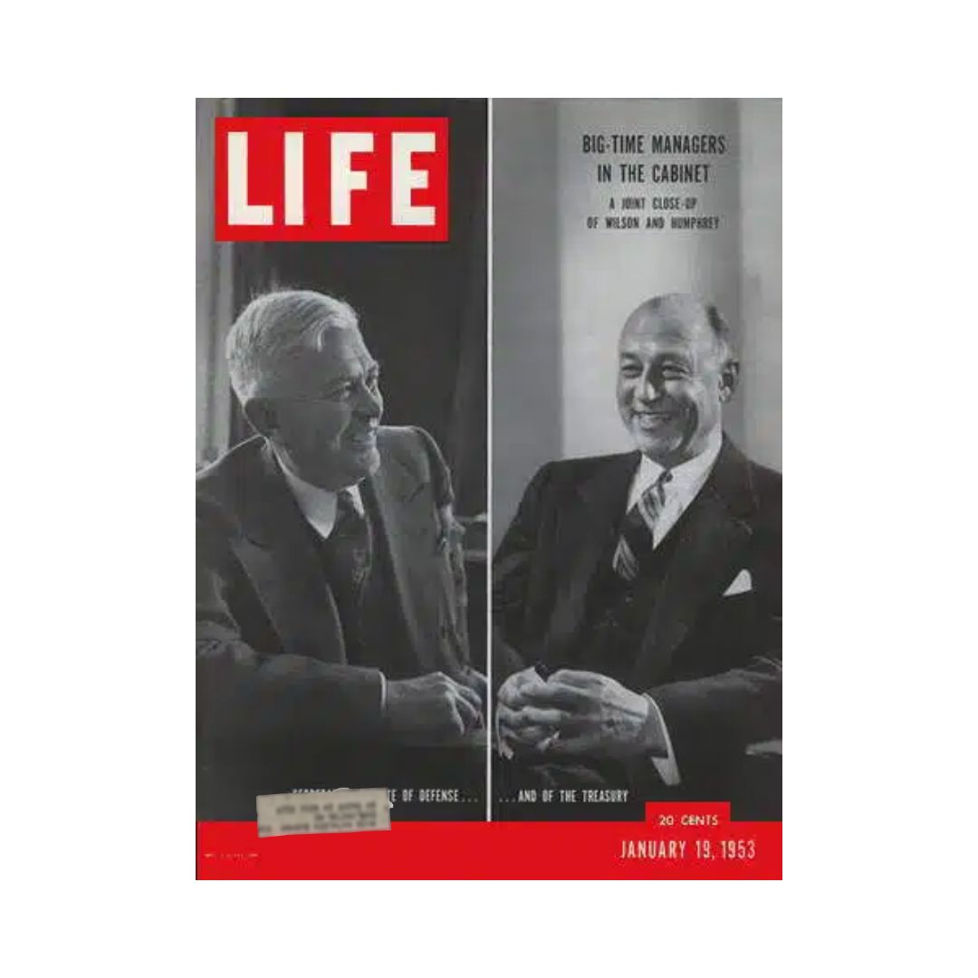 Cover of VTG Life Magazine dated January 19, 1953 featuring Charles E. Wilson and George M. Humphrey, depicted as key figures in the cabinet. Image titled 'Big-Time Managers in the Cabinet', showcasing their portraits side by side against a striking red background.