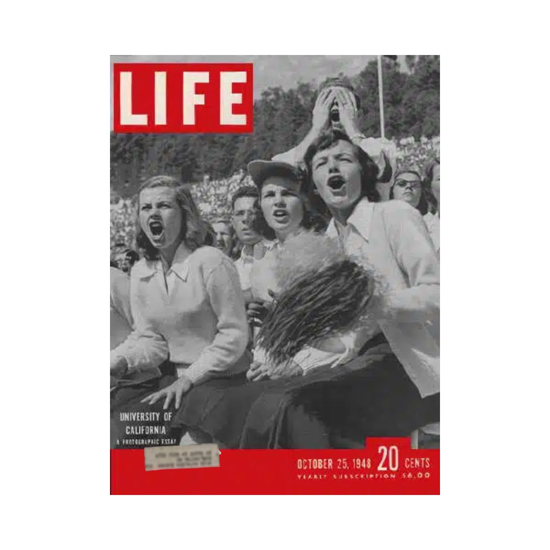 VTG Life Magazine October 25, 1948 cover featuring enthusiastic fans at the University of California, highlighting a historical moment with striking photography and cultural significance.