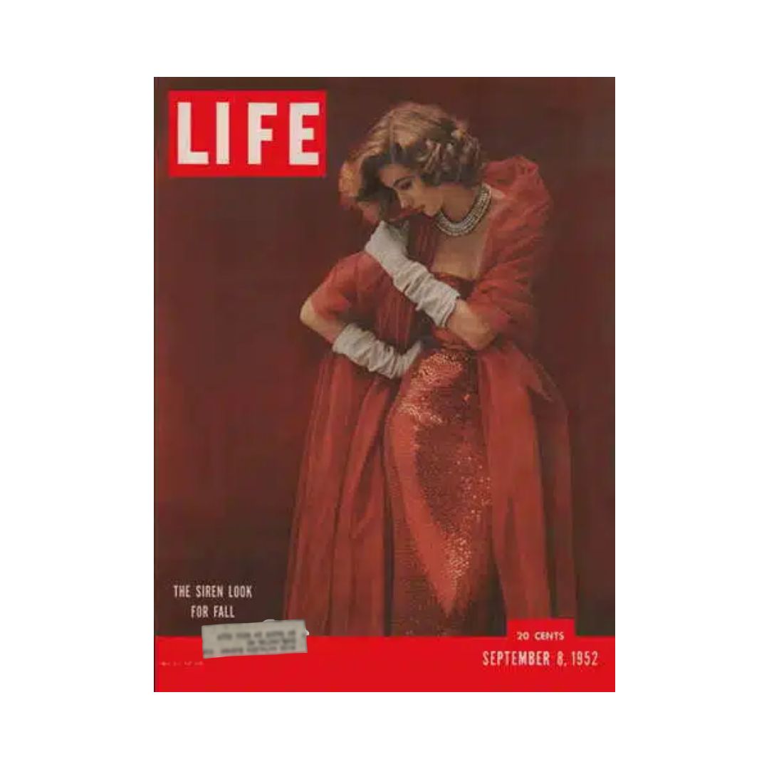 Cover of VTG Life Magazine September 8, 1952 featuring 'The Siren Look' fashion with a model in an elegant red gown and gloves, showcasing vintage style.