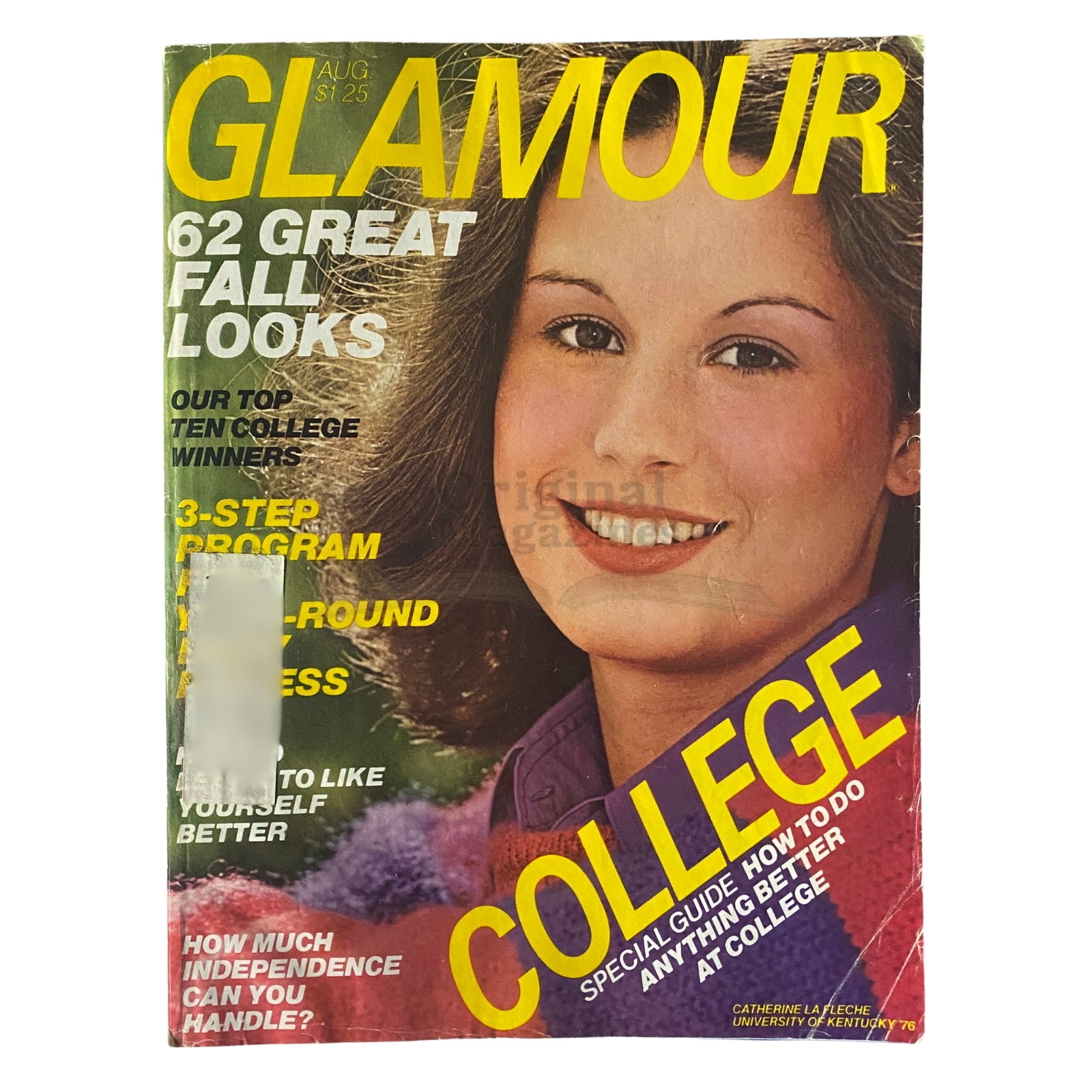 Glamour Magazine August 1976 cover featuring Catherine La Fleche, showcasing retro fashion with bold colors and headlines discussing college life and fashion trends.