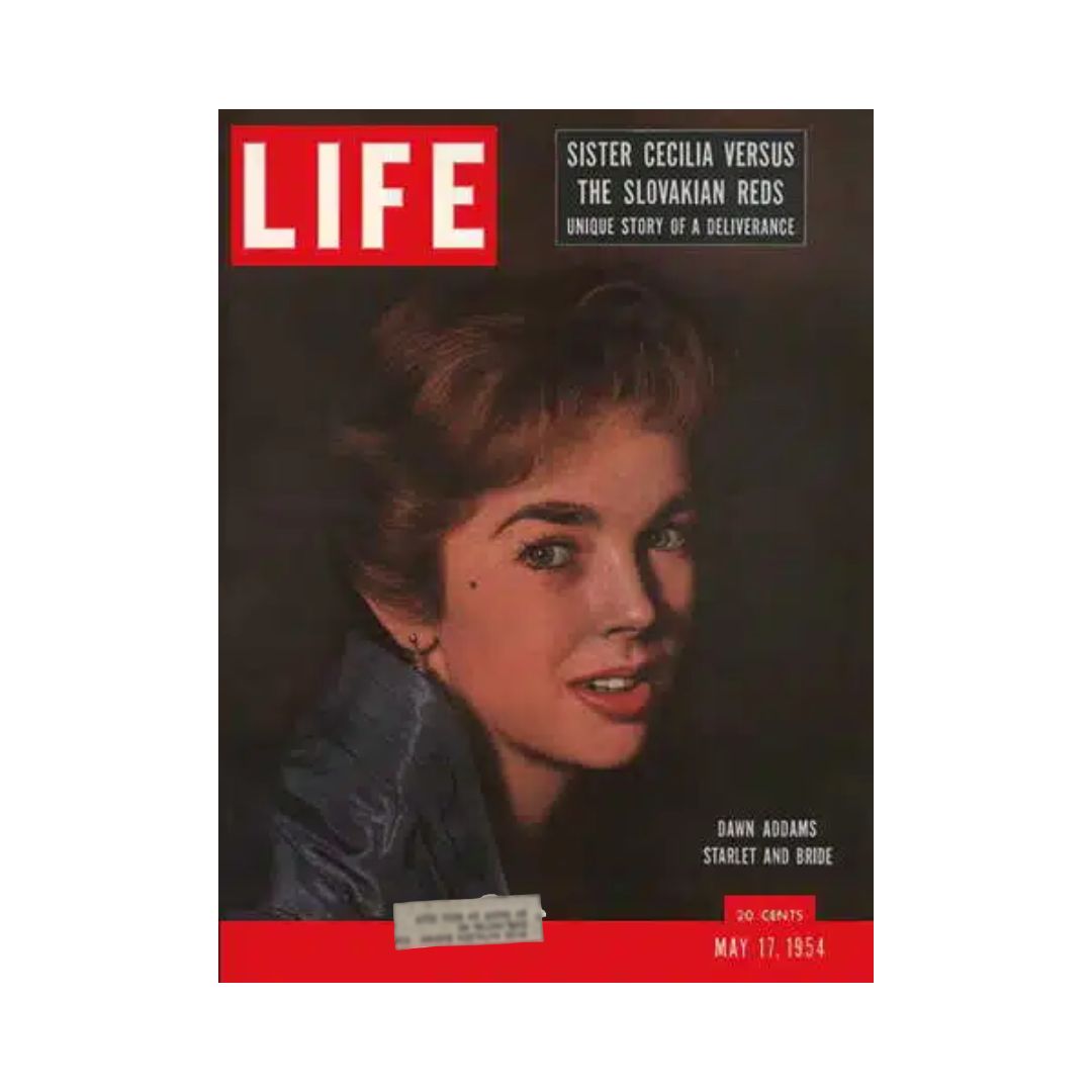 Cover of VTG Life Magazine from May 17, 1954 featuring actress Dawn Addams, showcasing her portrait and highlighting stories including Sister Cecilia and Slovakian Reds.