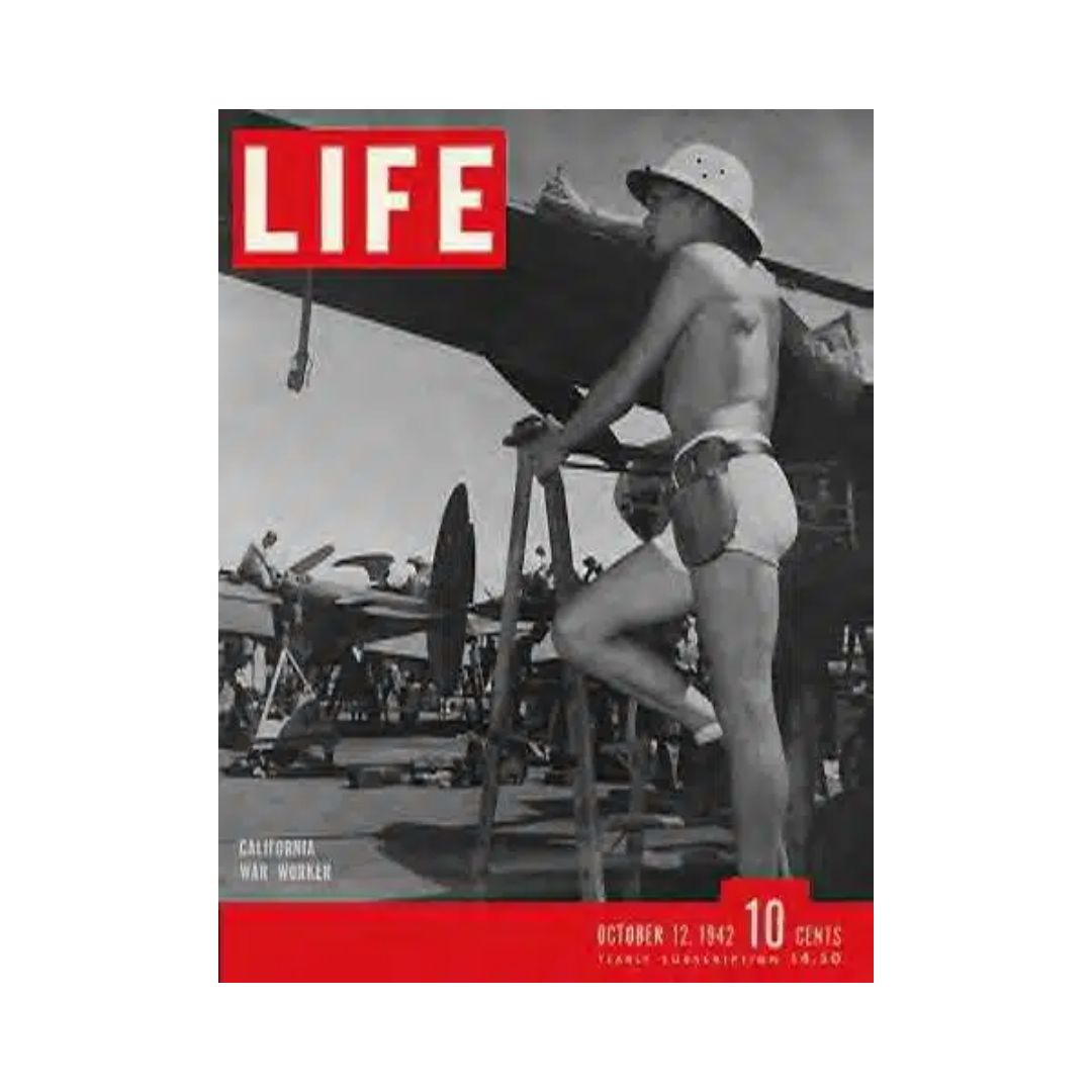 Vintage Life Magazine cover, October 12, 1942, featuring California War Worker with a backdrop of aircraft, illustrating the wartime efforts during World War II.