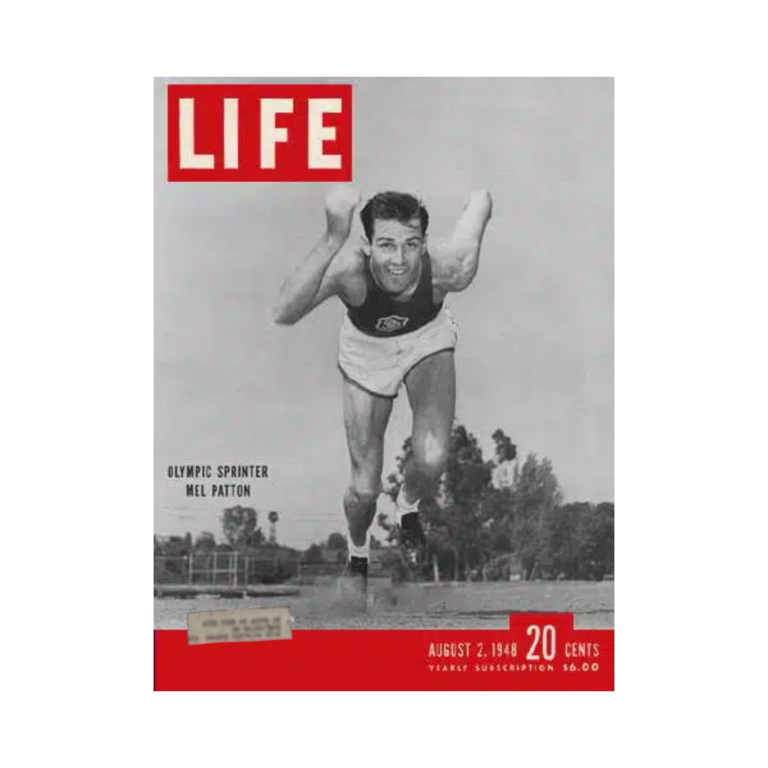 Cover of VTG Life Magazine from August 2, 1948 featuring Olympic sprinter Mel Patton, showcasing his dynamic running posture against a vintage background.