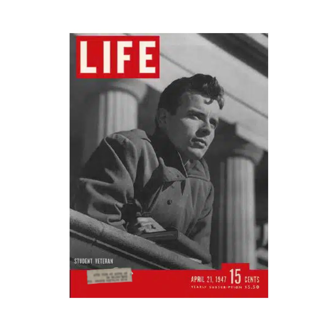 Cover of VTG Life Magazine April 21, 1947 featuring a student veteran, showcasing historical significance of post-war America.