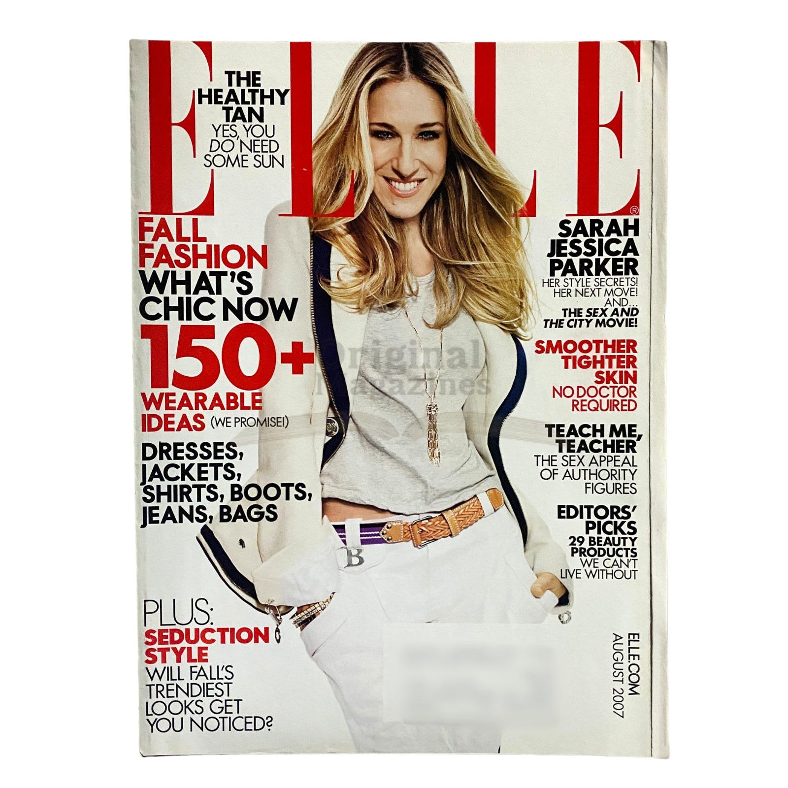 Elle Magazine August 2007 Sarah Jessica Parker Cover featuring fall fashion highlights, including 150 wearable items such as dresses, jackets, boots, jeans, and bags.