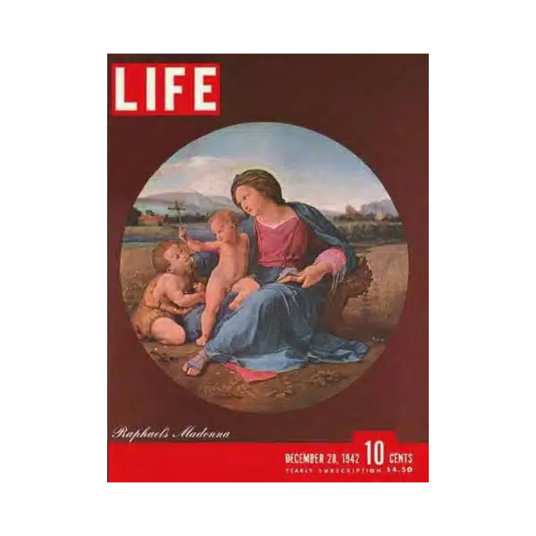 Cover of VTG Life Magazine December 28, 1942 featuring Raphael's Alba Madonna painting, showcasing a beautiful depiction of motherhood and artistry in a vintage format.