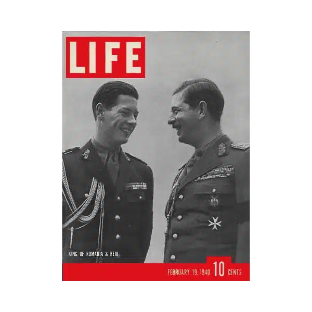 Vintage Life Magazine cover from February 19, 1940, featuring the King of Romania and his heir, showcasing historical imagery and royal attire.