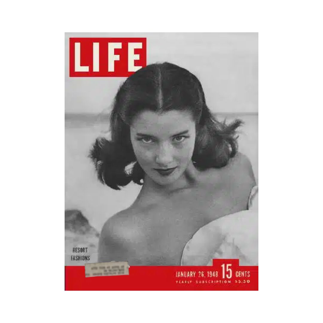 VTG Life Magazine cover from January 26, 1948, featuring Resort Fashion. The image showcases a glamorous model with styled hair, capturing the elegance of post-war fashion.