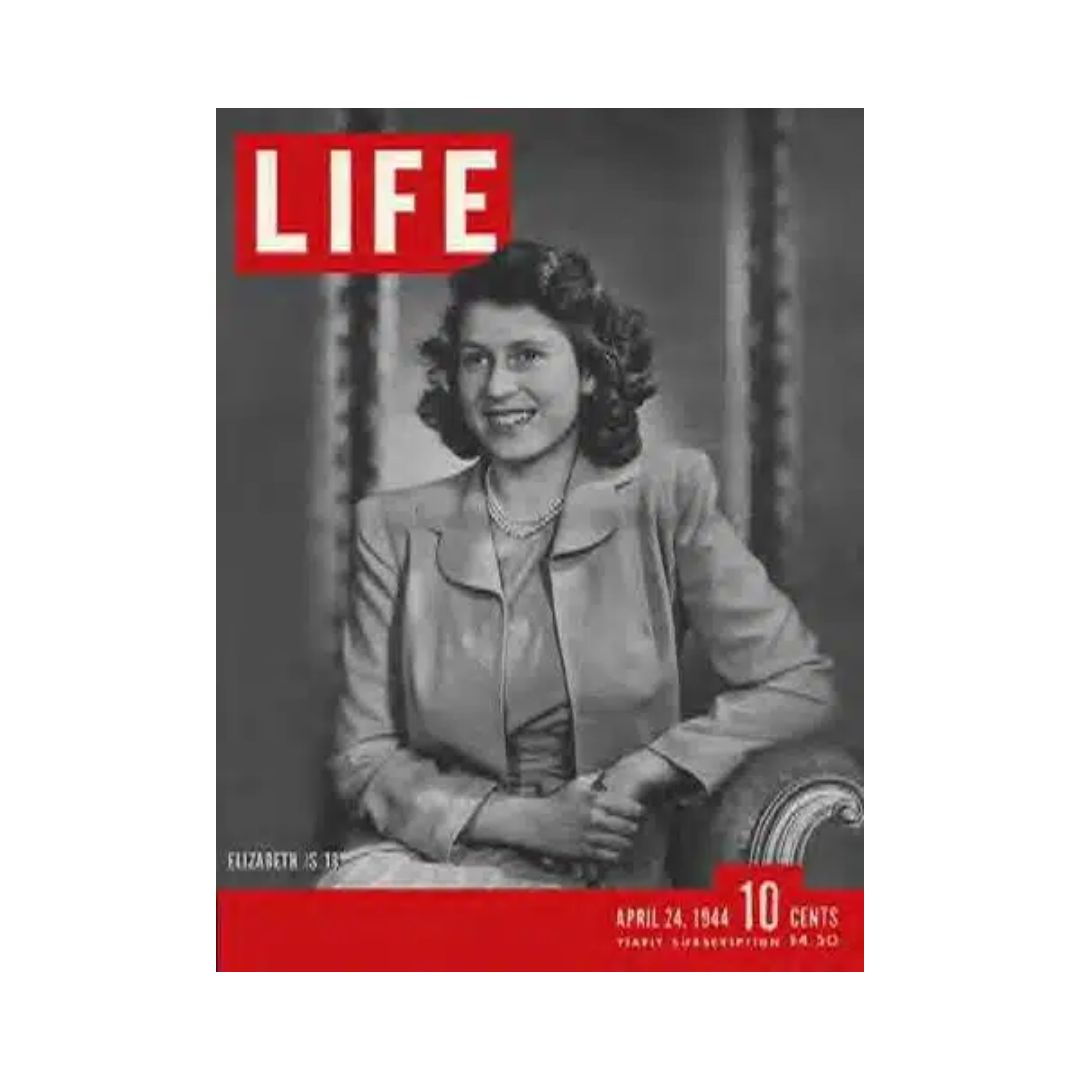 Cover of VTG Life Magazine from April 24, 1944, featuring Princess Elizabeth at 18 years old, with a nostalgic design and bold 'LIFE' title, showcasing vintage photography from World War II era.