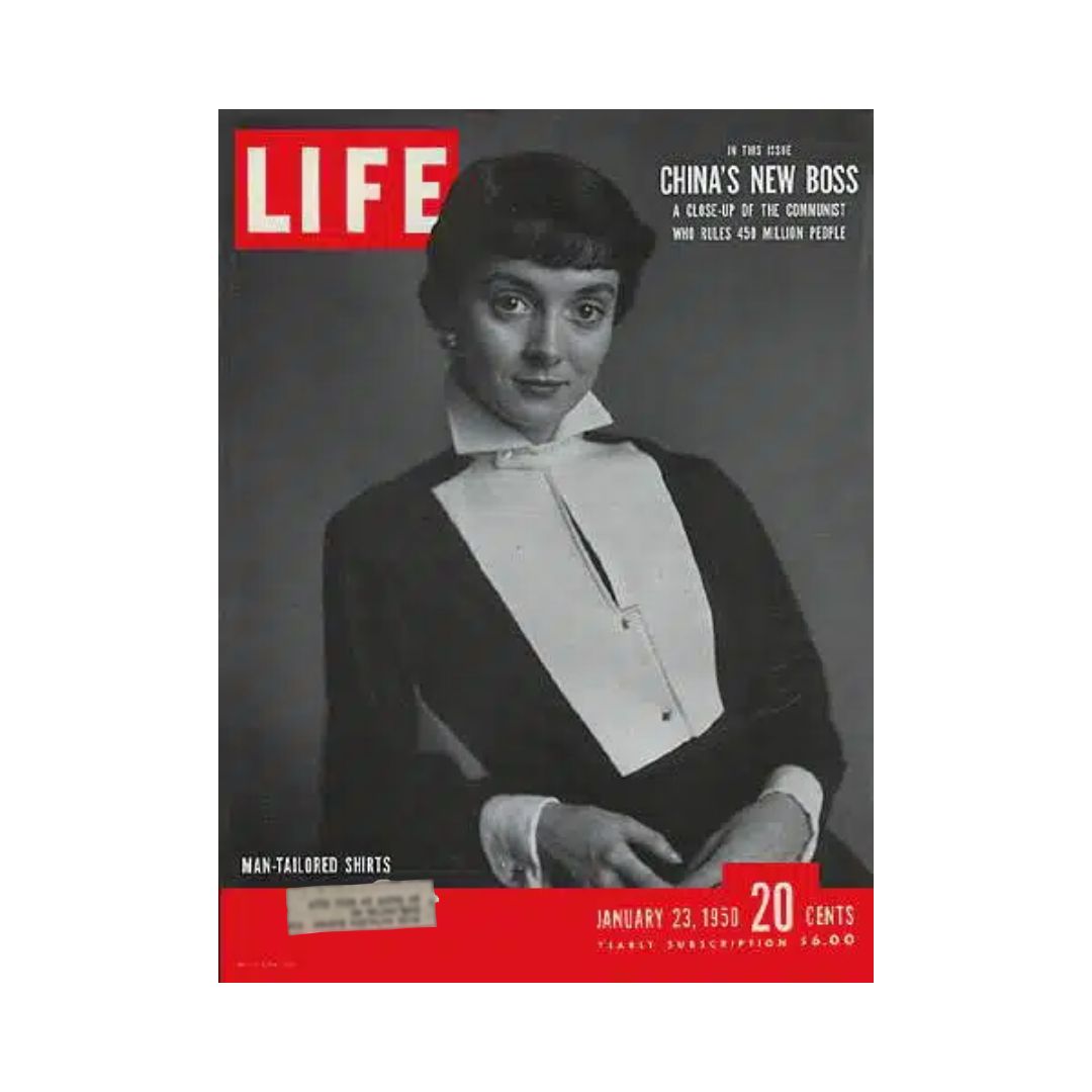 Cover of VTG Life Magazine January 23, 1950 featuring man-tailored shirts fashion, showcasing a model in a stylish outfit with a unique collar, highlighting mid-century style.