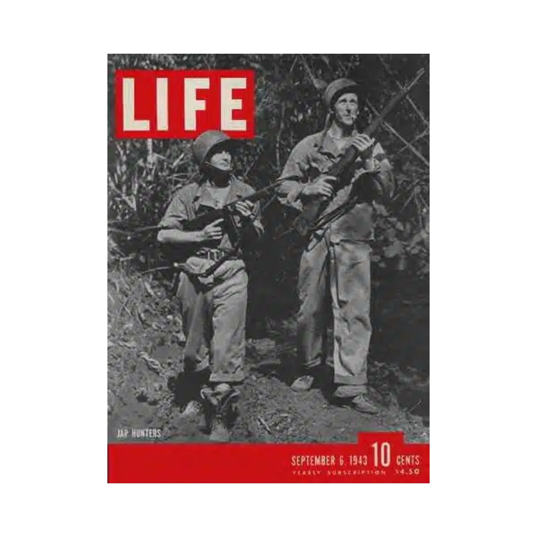 VTG Life Magazine cover from September 6, 1943, featuring Jap Hunters Robertson and Moser, showcasing World War II themes with soldiers in the field.