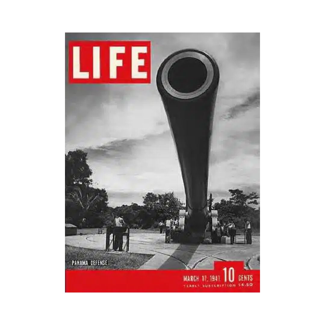 VTG Life Magazine March 17, 1941 cover featuring Panama Canal Defense with a bold graphic design including a large cannon and historical context.