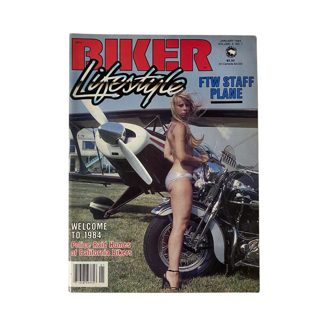 Cover of VTG Biker Lifestyle Magazine January 1984, Volume 4, Number 1 showcasing a model, motorcycle, and a plane, themed 'Welcome to 1984'.
