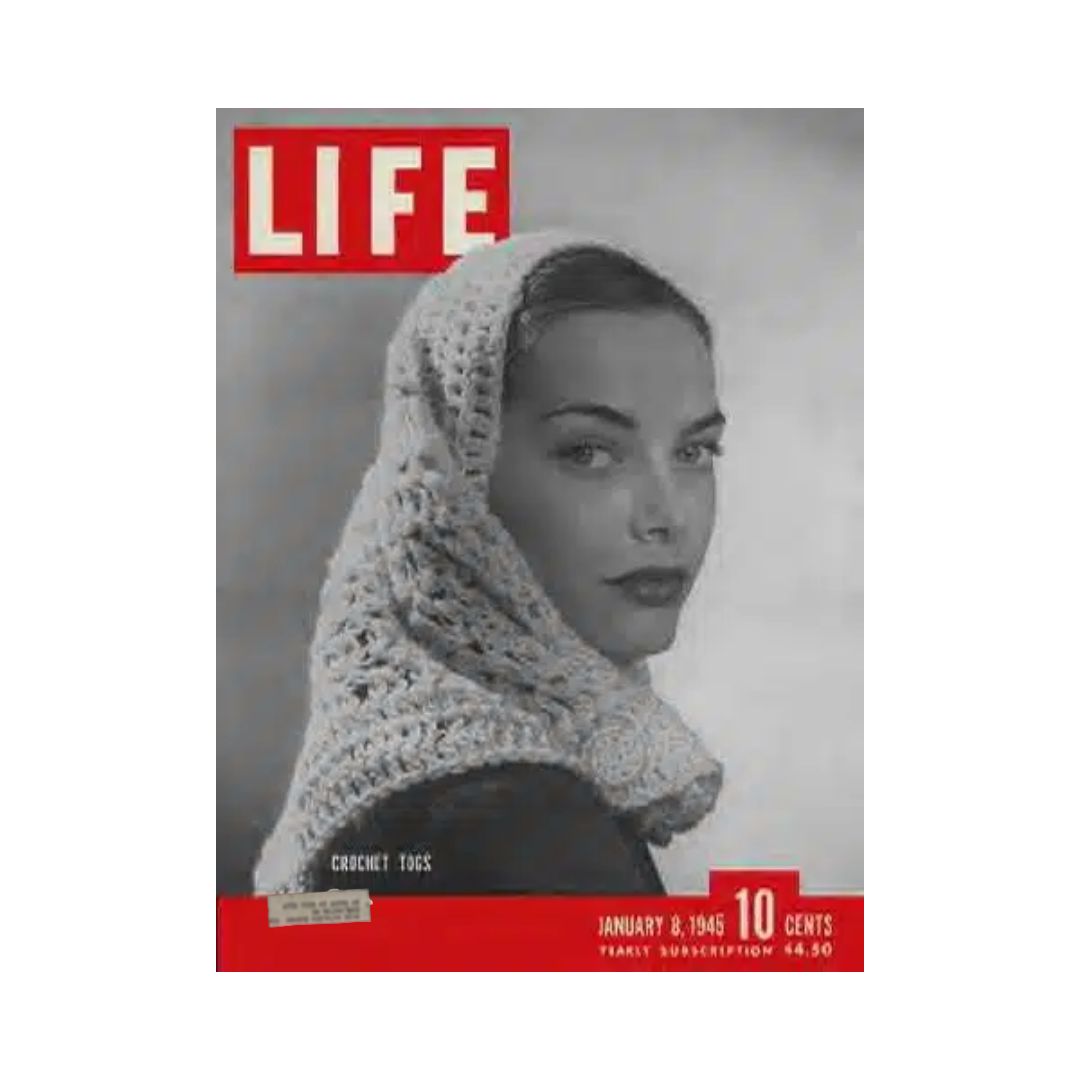 VTG Life Magazine January 8, 1945 featuring Leslie Venable on the cover showcasing crochet fashion, a glimpse of 1940s style and culture.