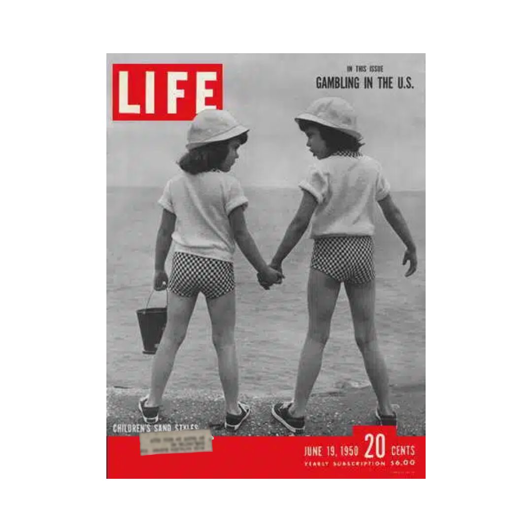 Cover of VTG Life Magazine from June 19, 1950 featuring Children's Beach Fashion. The image shows two girls holding hands on the beach, wearing stylish outfits, with a scenic ocean backdrop.