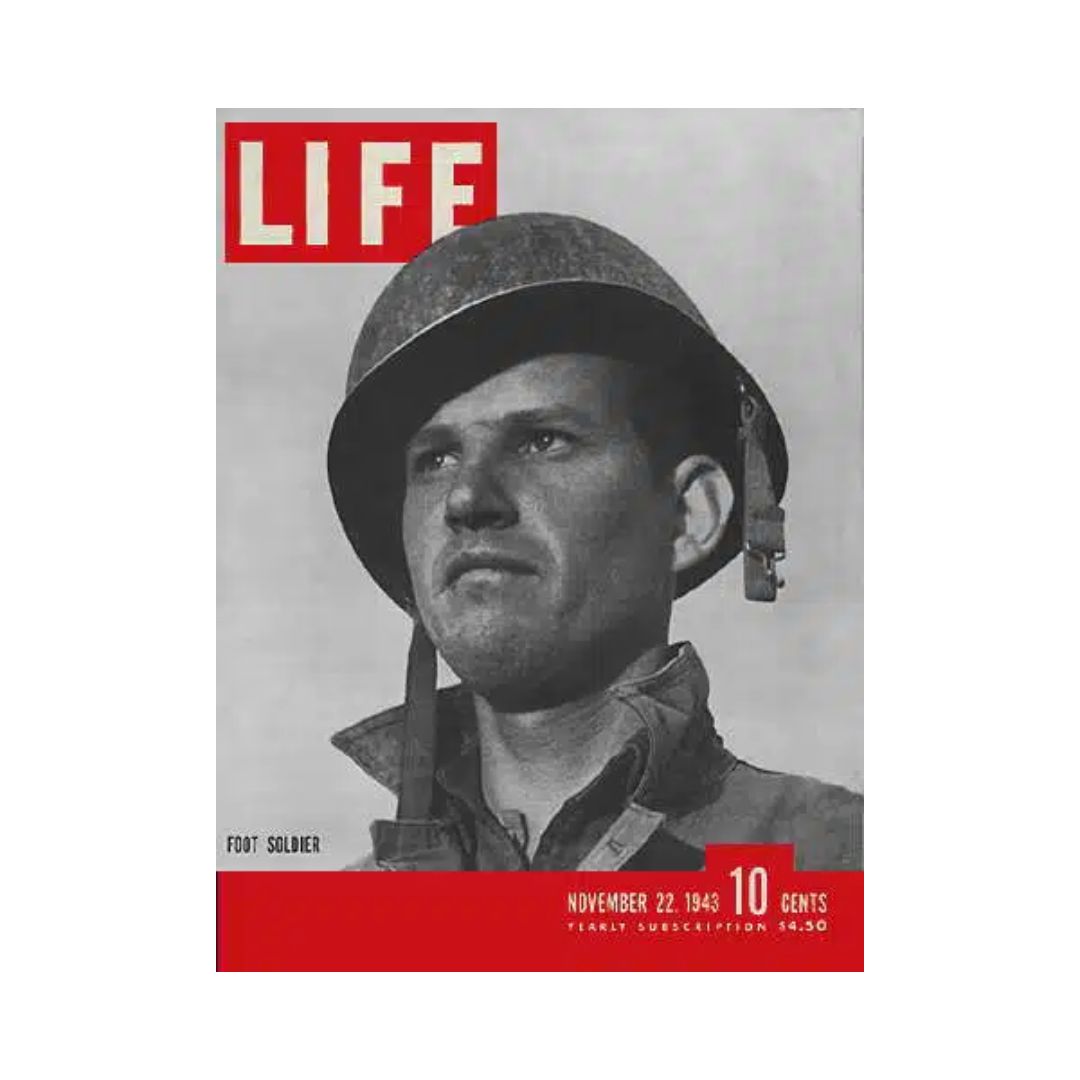 Vintage Life Magazine cover from November 22, 1943, featuring a U.S. Army foot soldier, capturing the spirit and resilience of World War II.