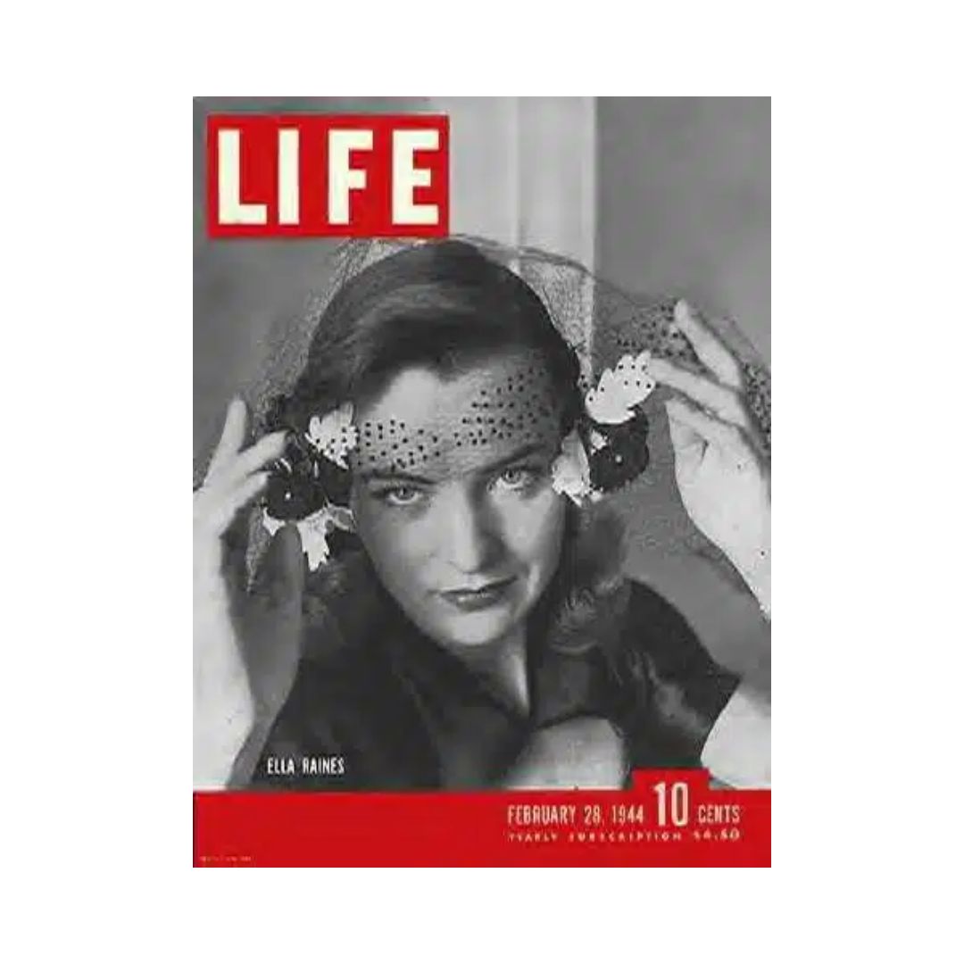 Cover of VTG Life Magazine dated February 28, 1944 featuring Ella Raines, showcasing vintage fashion and historical context of 1940s America.
