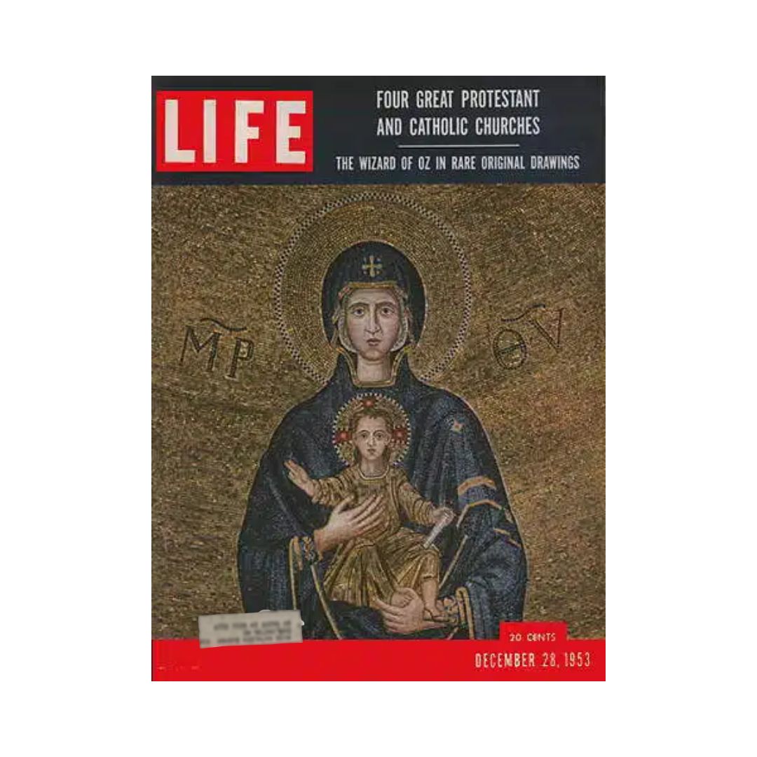 Cover of VTG Life Magazine December 28, 1953 featuring the theme of Four Great Protestant and Catholic Churches, showcasing an image of the Virgin Mary with child.