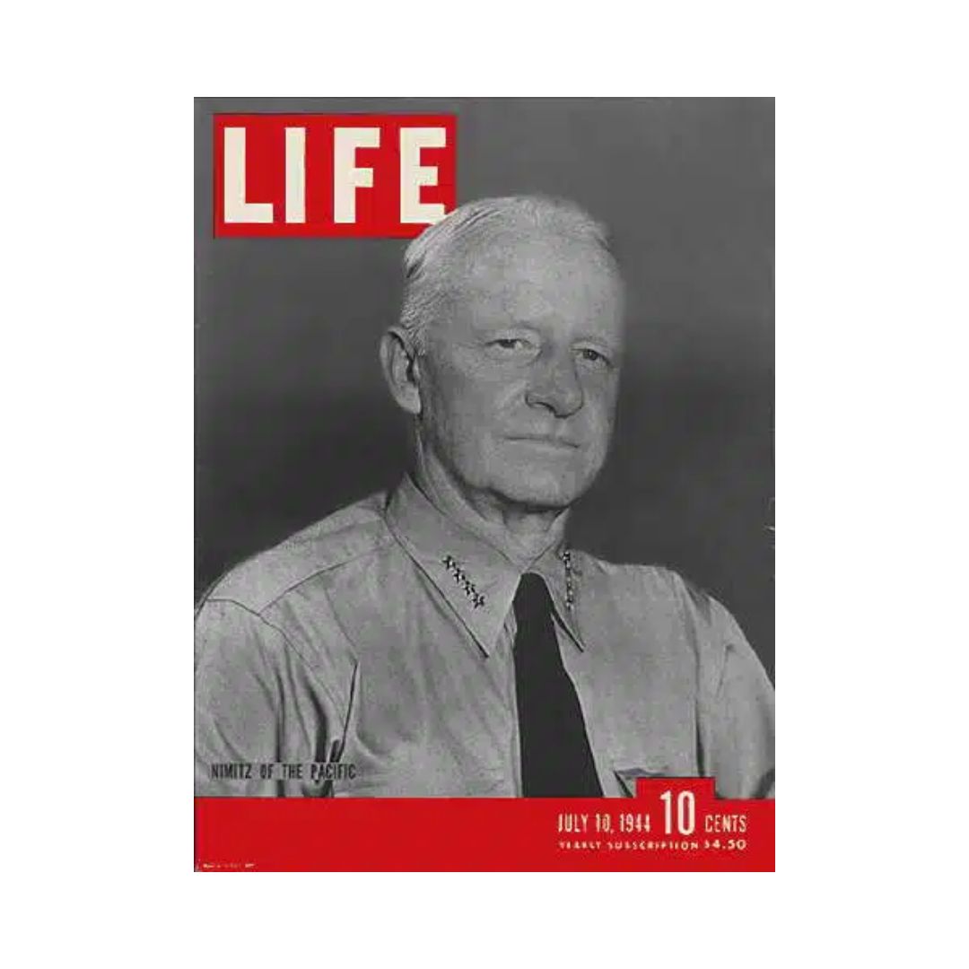 Vintage Life Magazine Cover featuring Admiral Chester W. Nimitz, July 10, 1944, capturing a moment from World War II.