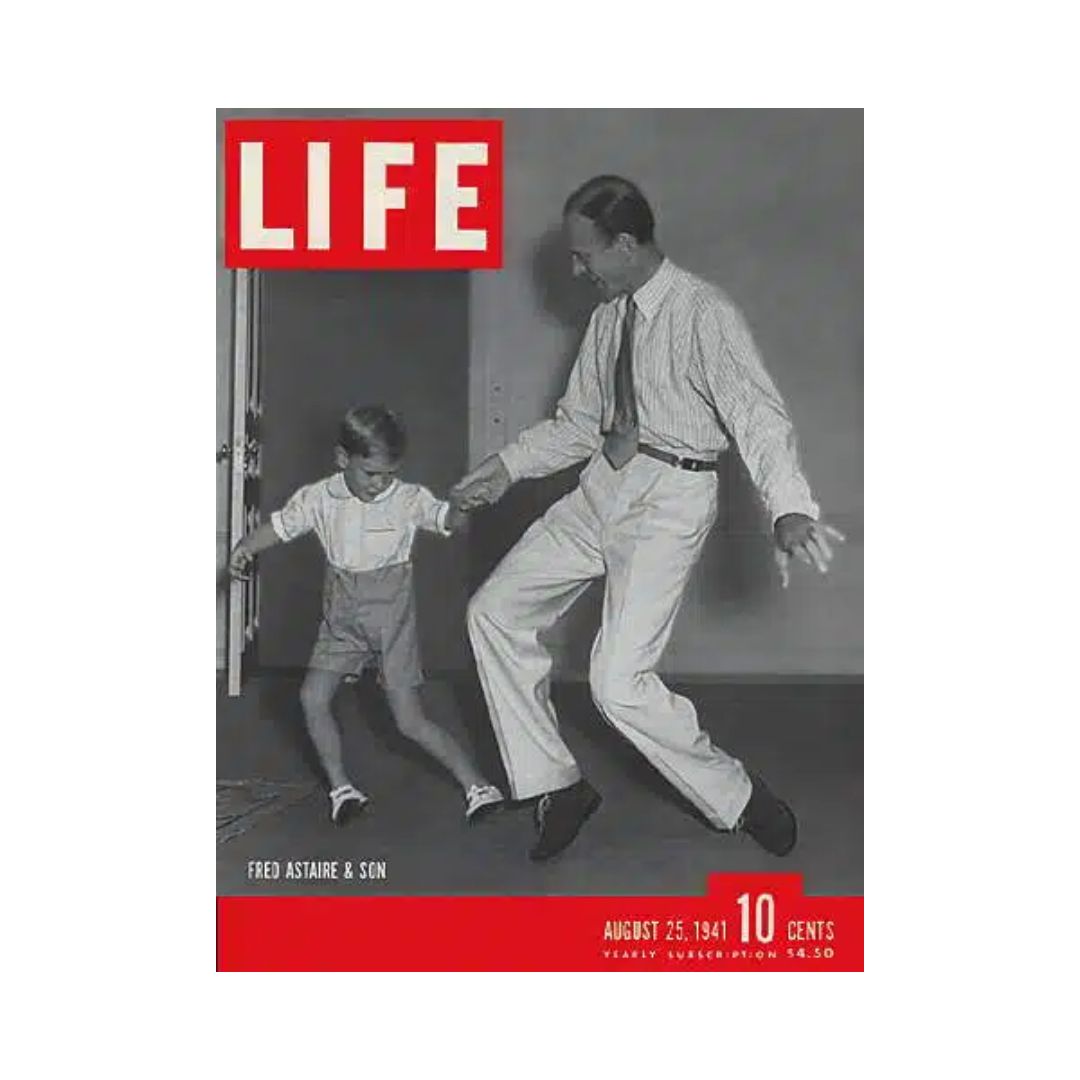 VTG Life Magazine August 25, 1941 cover featuring Fred Astaire and his son dancing together, showcasing a nostalgic moment in American culture during World War II.