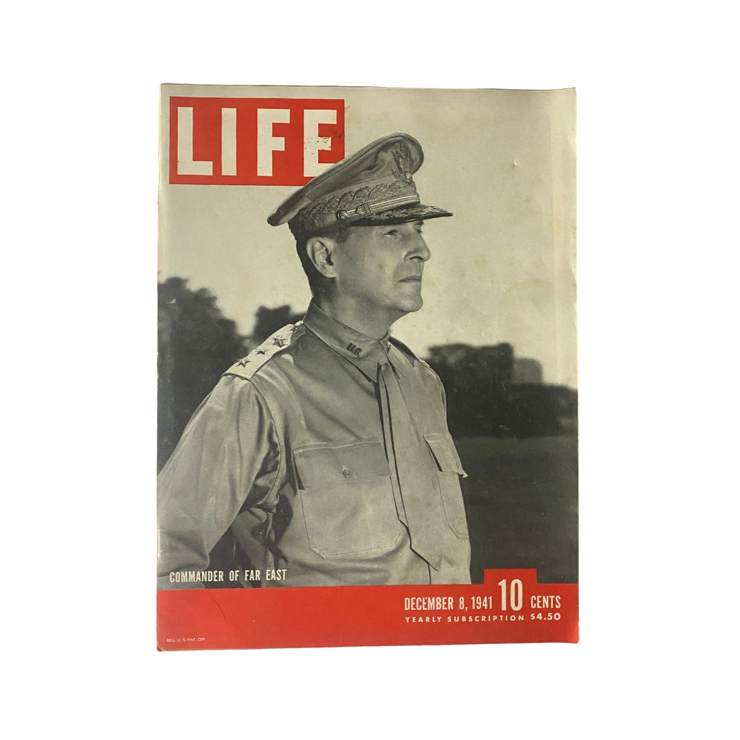 Cover of Life Magazine December 8, 1941 featuring General Douglas MacArthur, highlighting him as the Commander of the Far East during World War II, in very good condition.