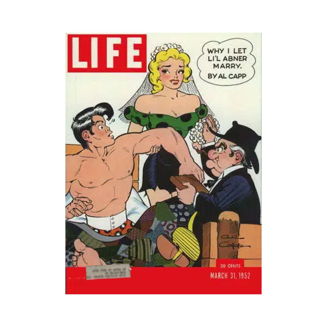 Vintage Life Magazine cover from March 31, 1952 featuring Al Capp's Li'l Abner wedding illustration with a bride and groom, showcasing 1950s comic art style.