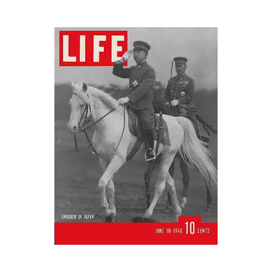 Vintage Life Magazine cover from June 10, 1940 featuring Japan's Emperor Hirohito on horseback, highlighting a historical moment.