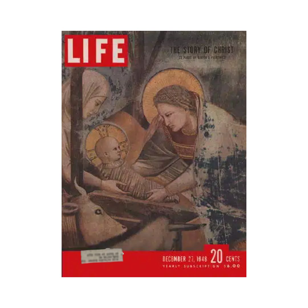 Cover of VTG Life Magazine from December 27, 1948, showcasing a depiction of the nativity scene, featuring the story of Christ, vibrant colors and central figures.