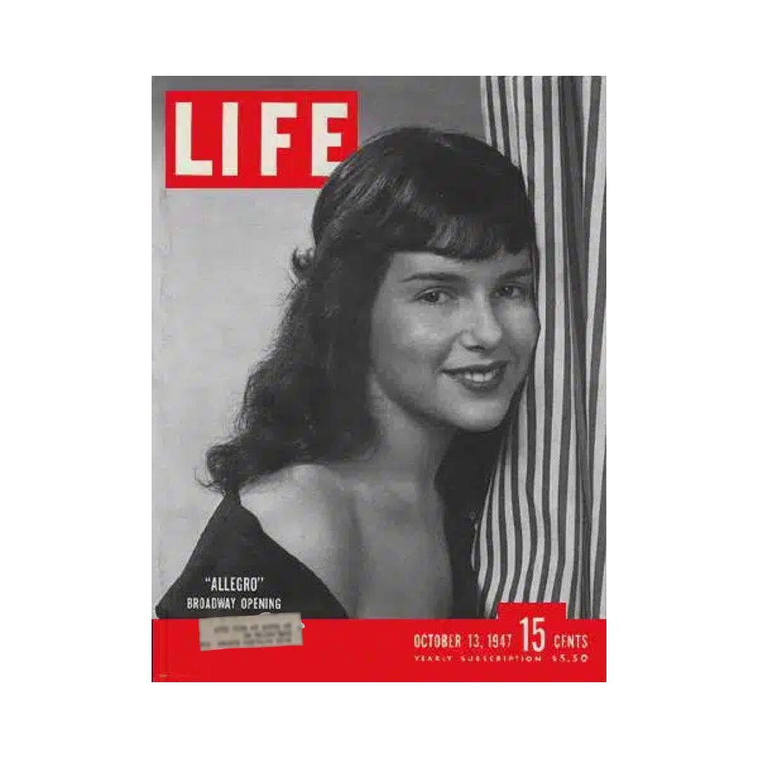 VTG Life Magazine Cover from October 13, 1947 featuring the Broadway Opening of 'Allegro'. The cover displays a portrait of a young woman with wavy hair against a striped background, highlighting the magazine's vintage appeal.