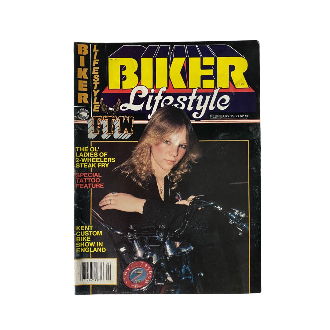 Front cover of VTG Biker Lifestyle Magazine February 1983 featuring a woman with a motorcycle, highlighting the Kent Custom Bike Show.
