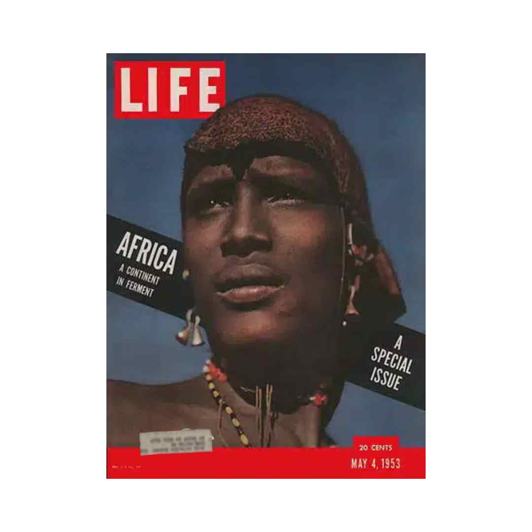 Cover of VTG Life Magazine dated May 4, 1953, featuring a Masai Warrior in Africa, showcasing the cultural heritage and beauty of the continent.