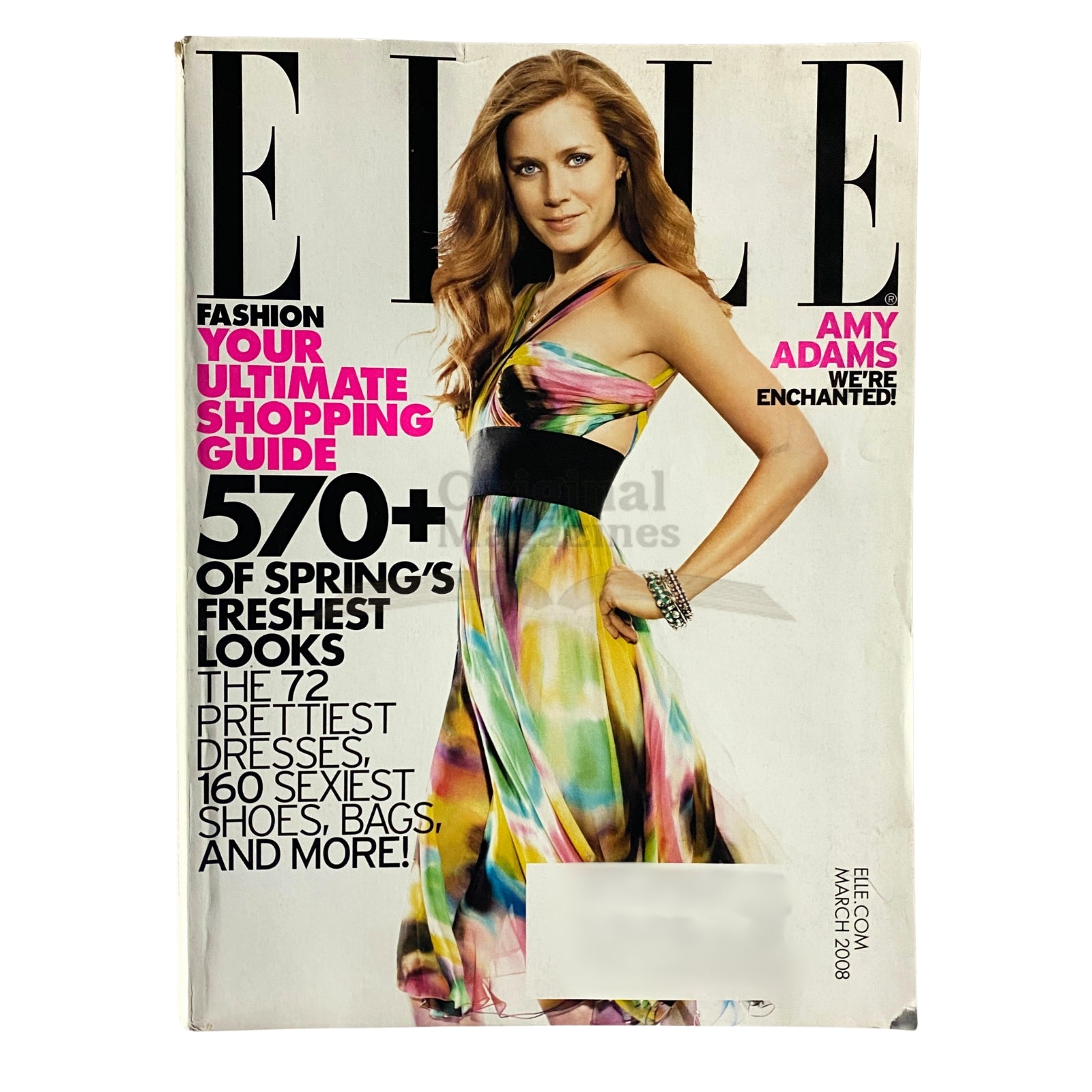 Elle Magazine March 2008 cover featuring Amy Adams, showcasing fashion trends, ultimate shopping guide, and vibrant dress styles.