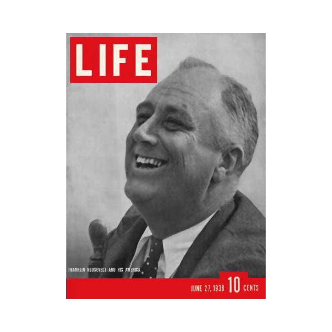 Life Magazine cover from June 27, 1938, featuring President Franklin D. Roosevelt smiling, showcasing the iconic magazine with a bold red header and the date highlighted.