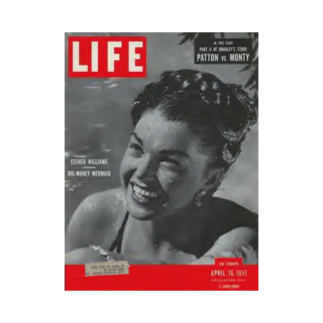 VTG Life Magazine April 16, 1951 featuring Esther Williams on the cover, showcasing her as the 'Big-Money Mermaid' against a vibrant background, evoking the charm of the early 1950s.