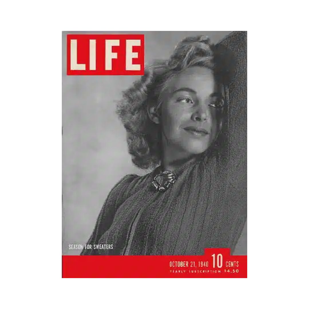 VTG Life Magazine Cover from October 21, 1940, featuring the theme 'Season for Sweaters' along with a stylish model wearing a knitted sweater.