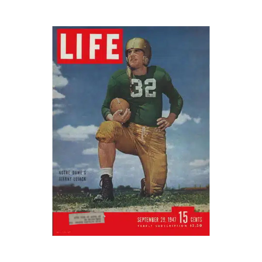 VTG Life Magazine September 29, 1947 featuring Johnny Lujack, a Notre Dame football player, on the cover in a green jersey, representing a significant moment in sports history.