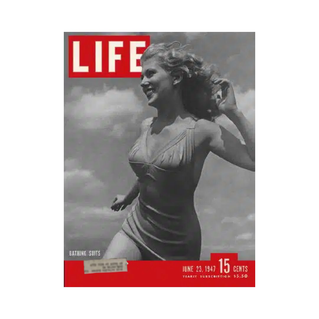 Cover of VTG Life Magazine June 23, 1947 featuring a model in a bathing suit, capturing the essence of 1940s beach fashion.