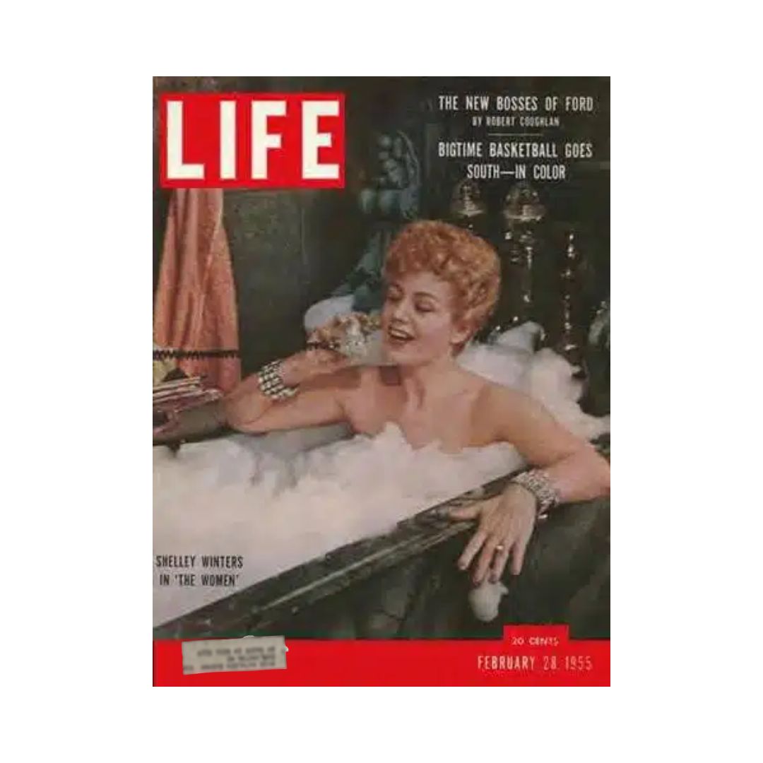 Cover of Life Magazine from February 28, 1955, featuring Shelley Winters in 'The Women,' showcasing vibrant colors and vintage aesthetics.