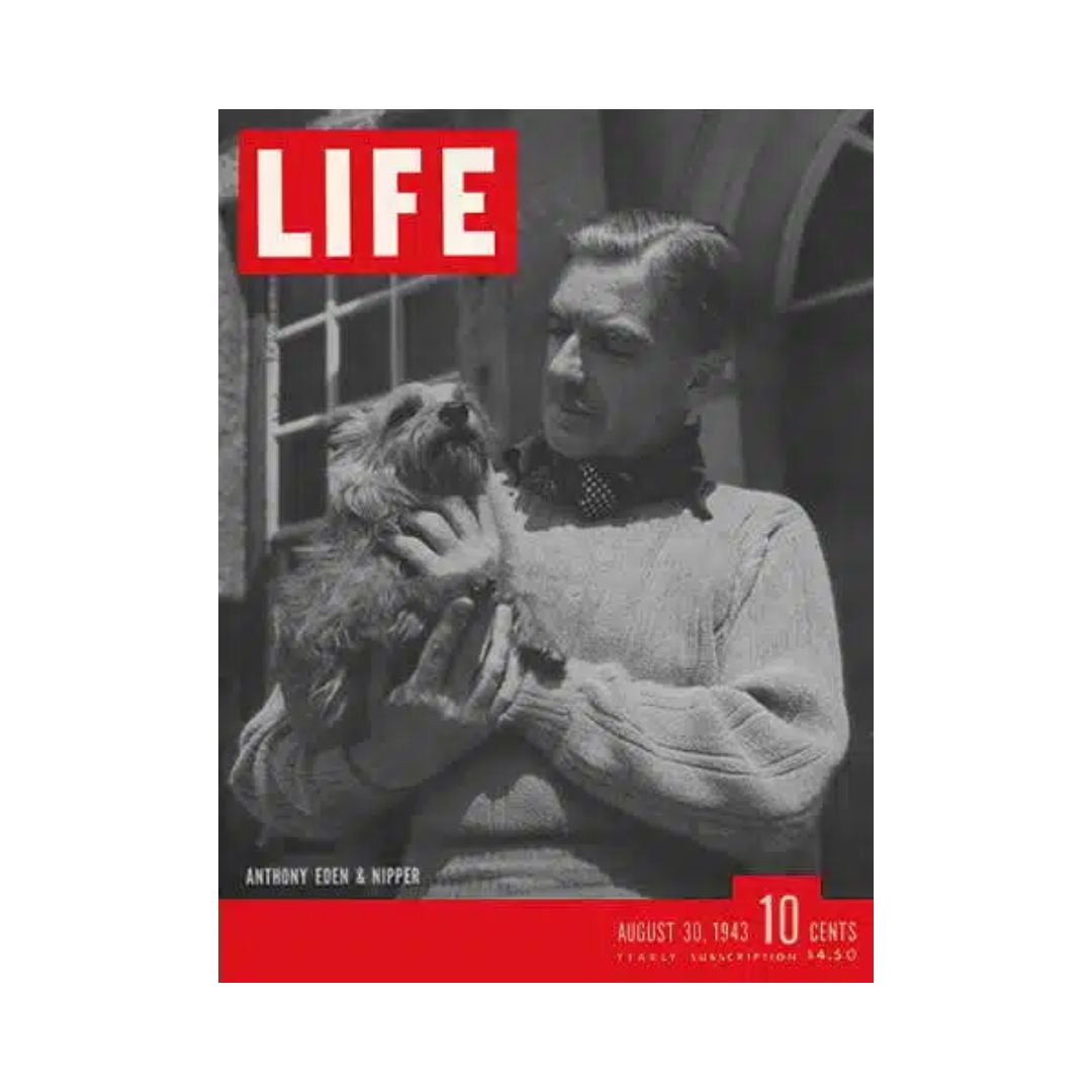 Cover of VTG Life Magazine dated August 30, 1943 featuring British politician Anthony Eden holding his dog Nipper, showcasing a warm moment amid World War II.