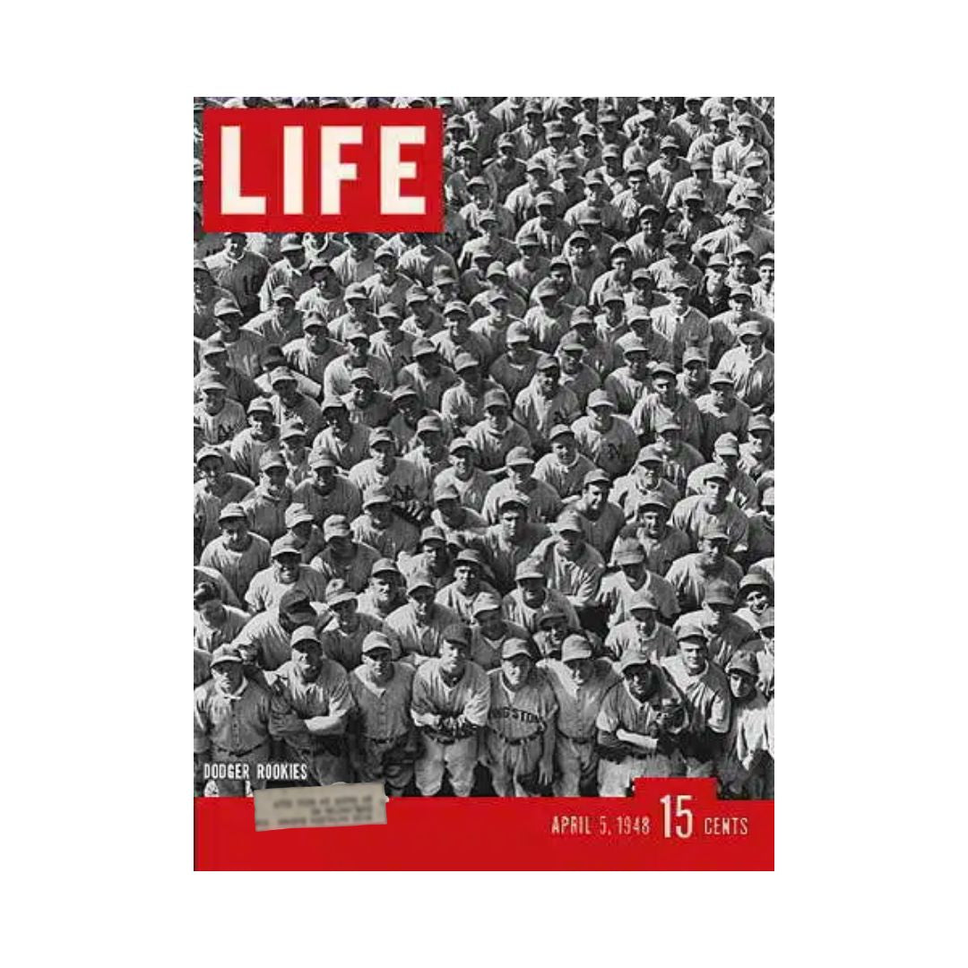 Cover of VTG Life Magazine from April 5, 1948 featuring Dodger rookies, showcasing a large group of baseball players, highlighting the excitement of Dodgertown and the era of baseball.
