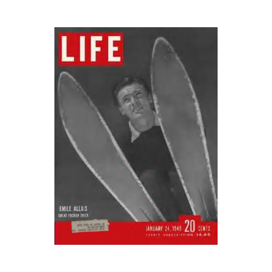 Cover of VTG Life Magazine dated January 24, 1949, featuring French skier Emile Allais, showcasing iconic skiing imagery and period design.